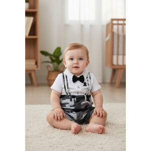 Petite Bears Baby Boy Camouflage Suspender Romper with Bow Tie – Size 3 6 Months